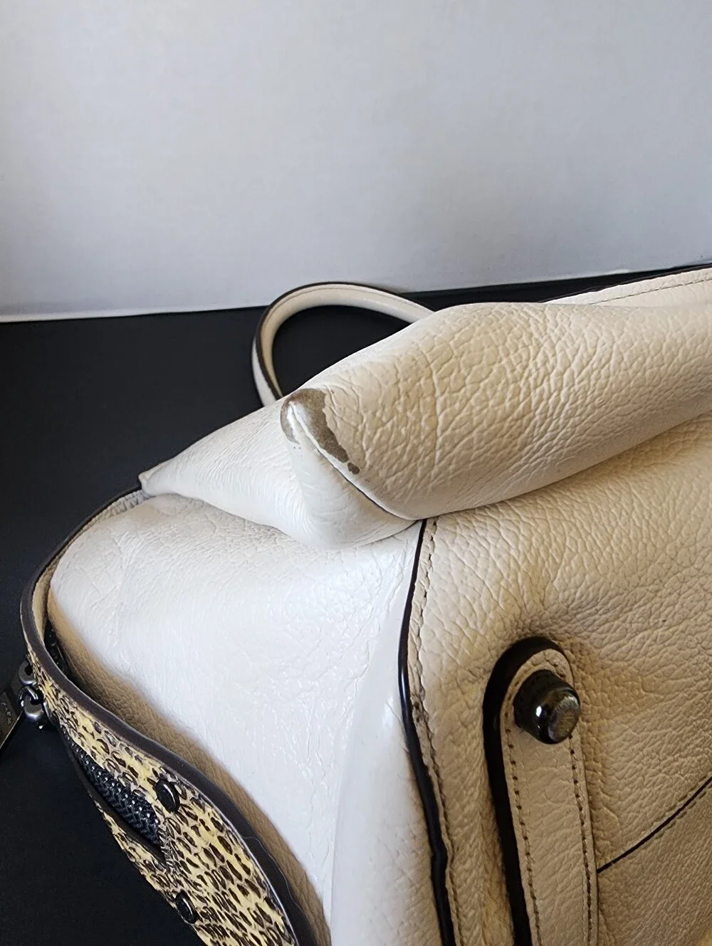SALE! Coach Off-White Pebbled Leather Satchel with Dark Trim and Silver Hardware